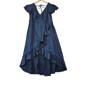 NWT Azazie Lexis Stretch Satin Dress Women A20 Dark Navy Ruffle Formal Gown